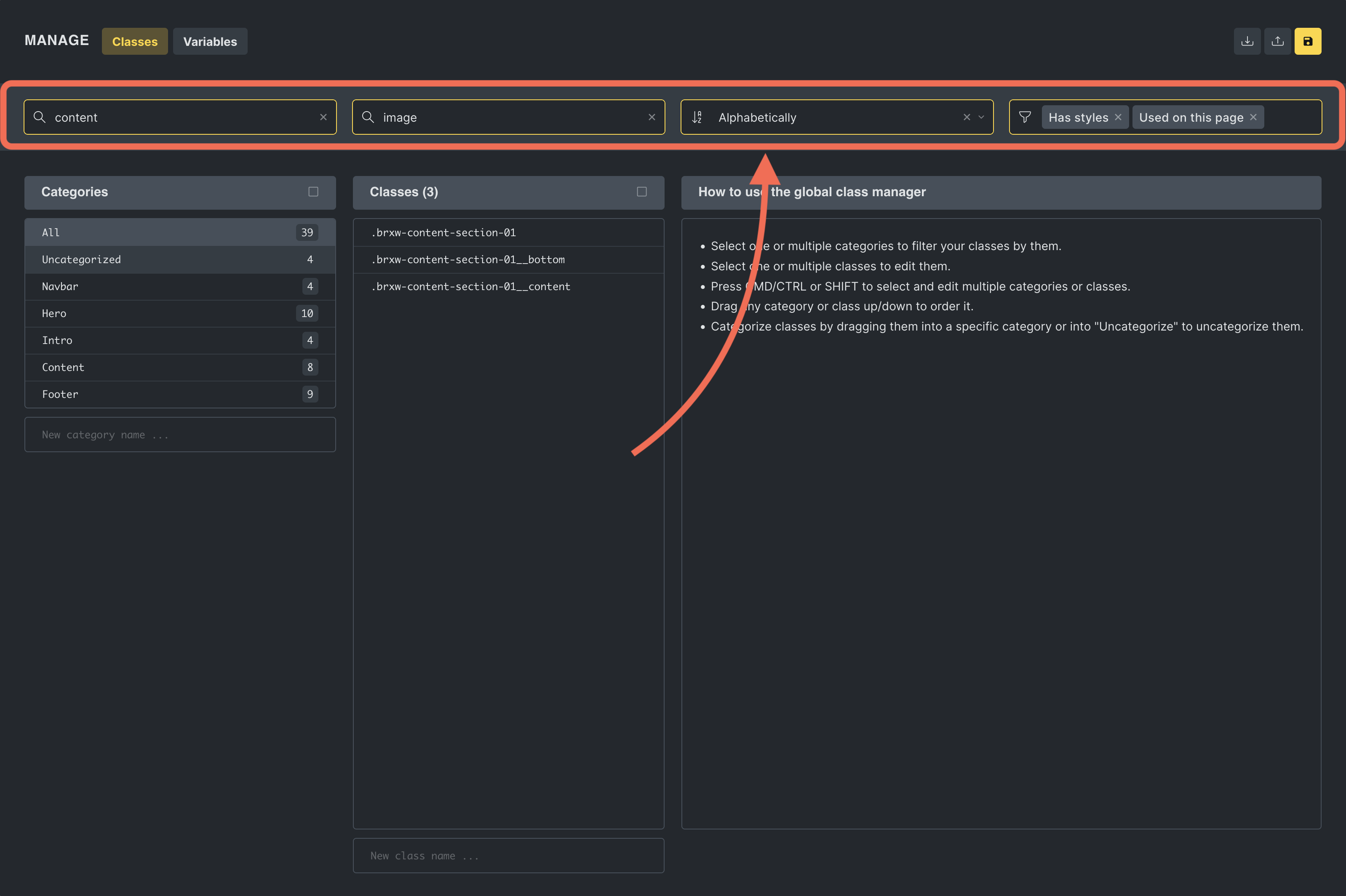 فیلتر و subheader Class Manager