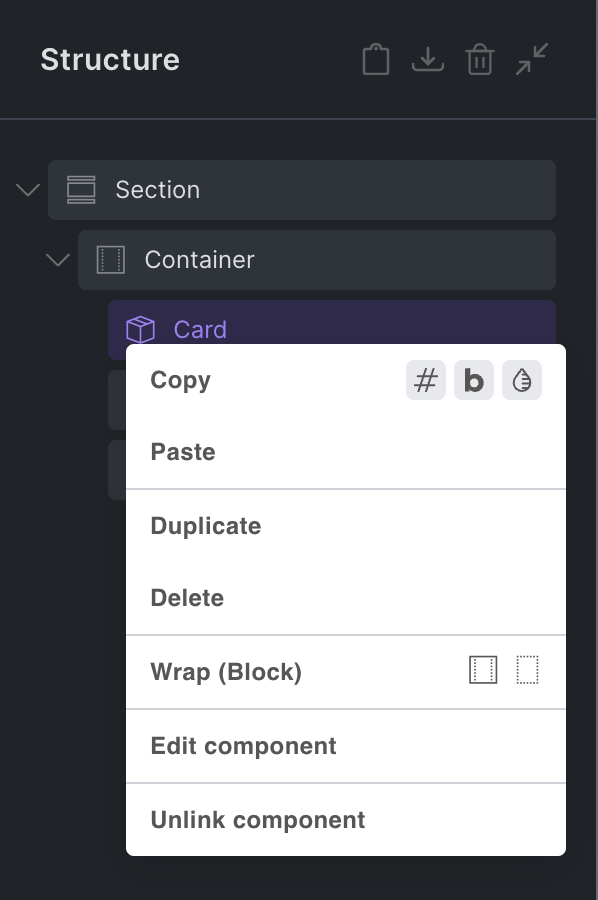 Edit component در منوی زمینه
