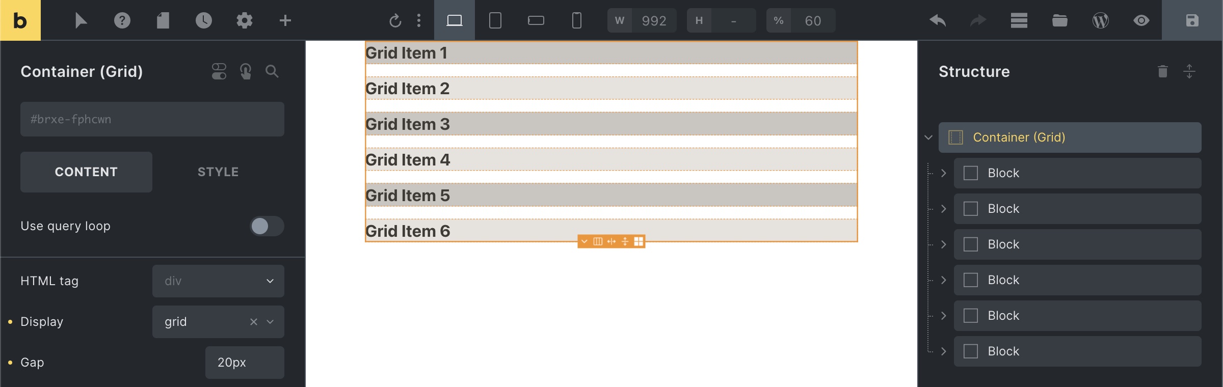 Grid container با 6 item و gap 20px
