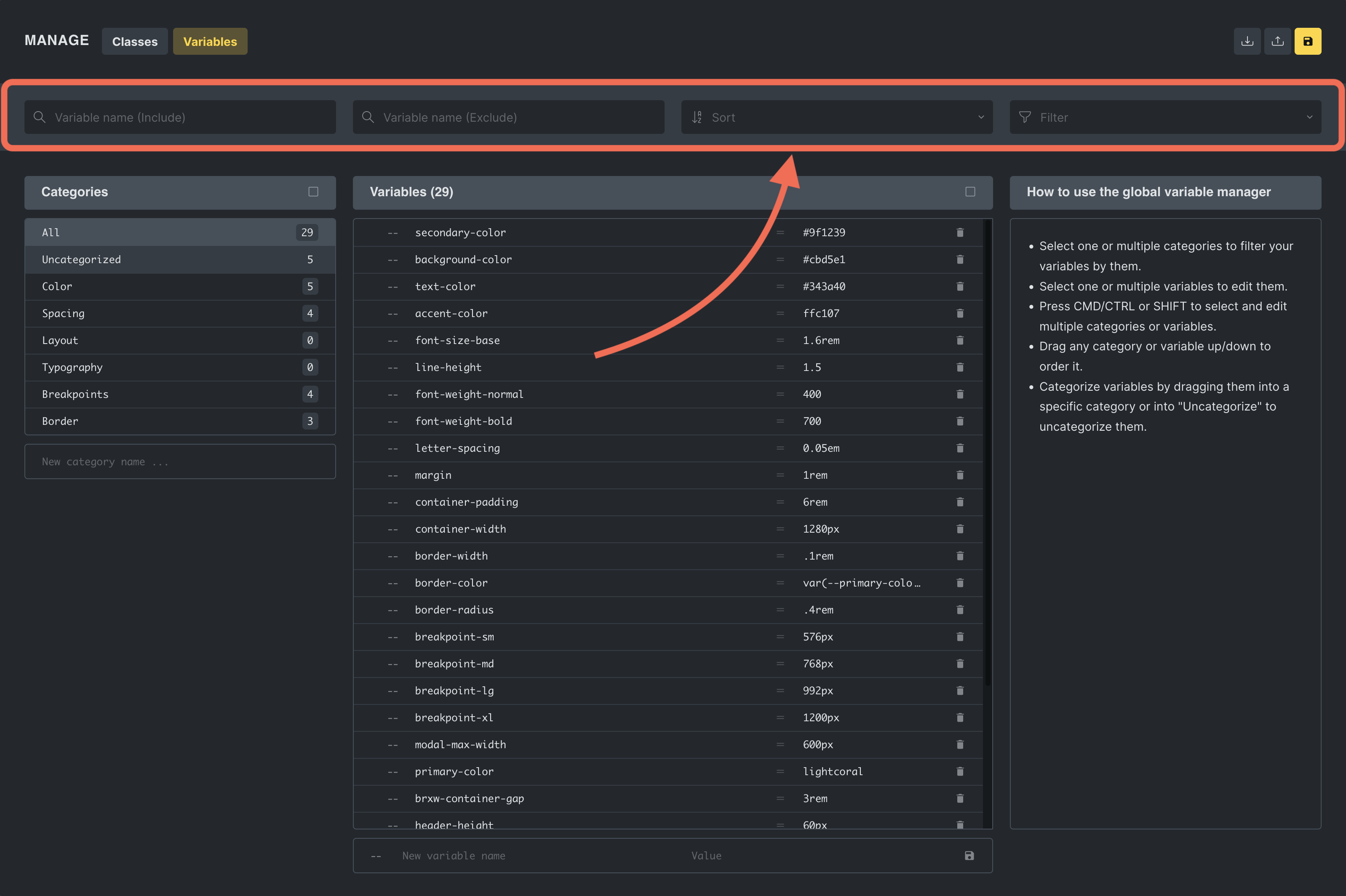فیلتر Variable Manager