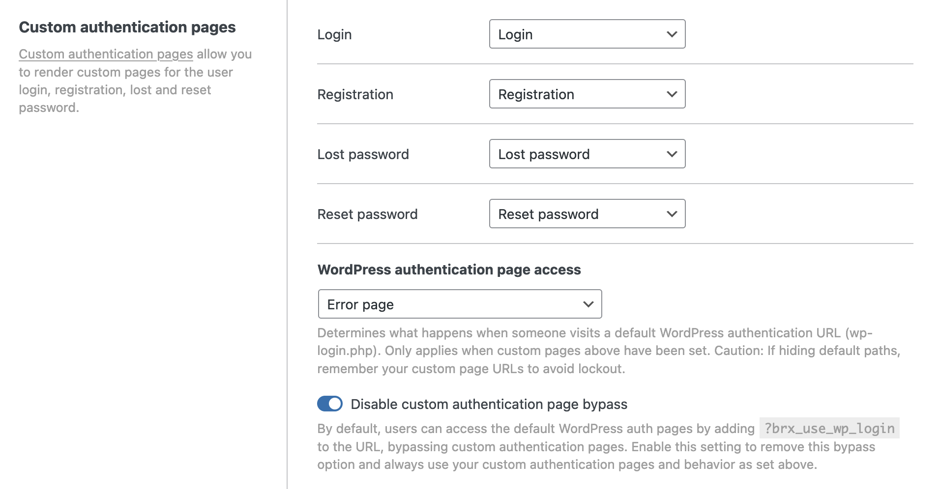 تنظیمات احراز هویت سفارشی Bricks — Login، Registration، Lost password، Reset password؛ WordPress authentication page access روی Error page؛ Disable custom authentication page bypass فعال