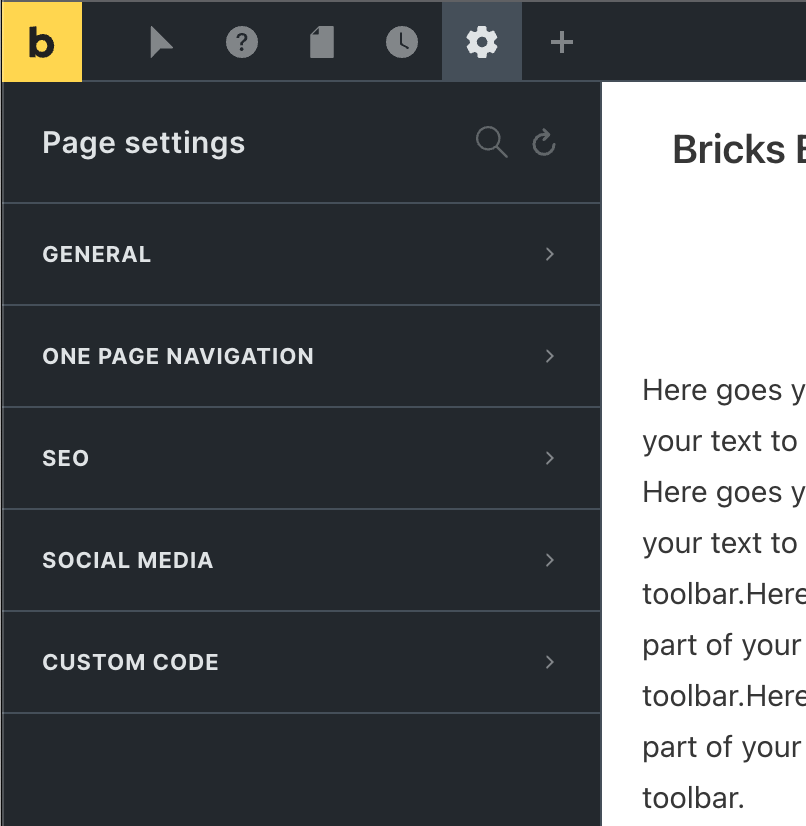 تنظیمات صفحه در پنل Settings