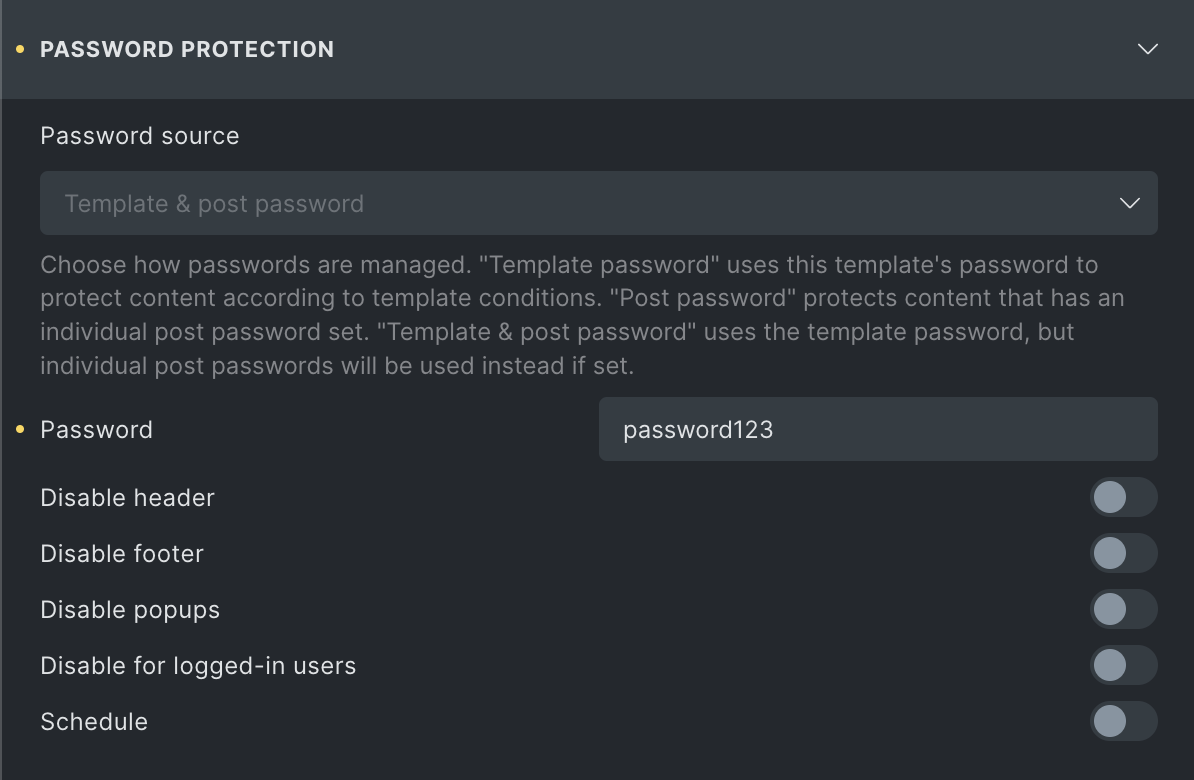 تنظیمات Password protection — جزئیات