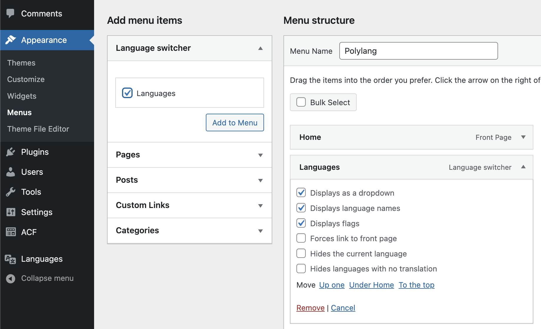Language switcher در منوی وردپرس