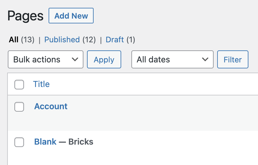 وضعیت نوشته Bricks در لیست صفحات