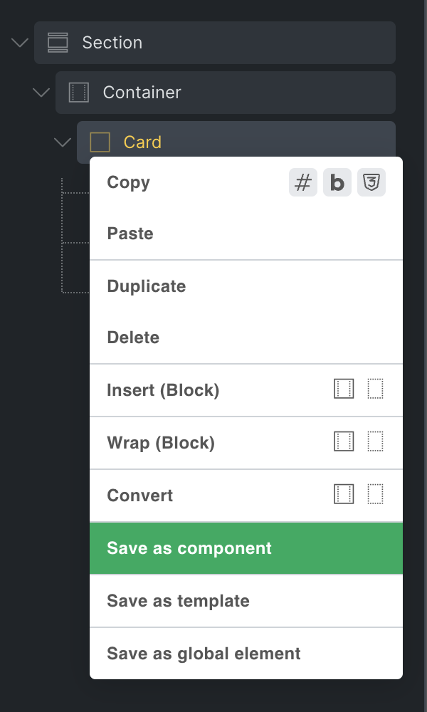 Save as component در منوی زمینه