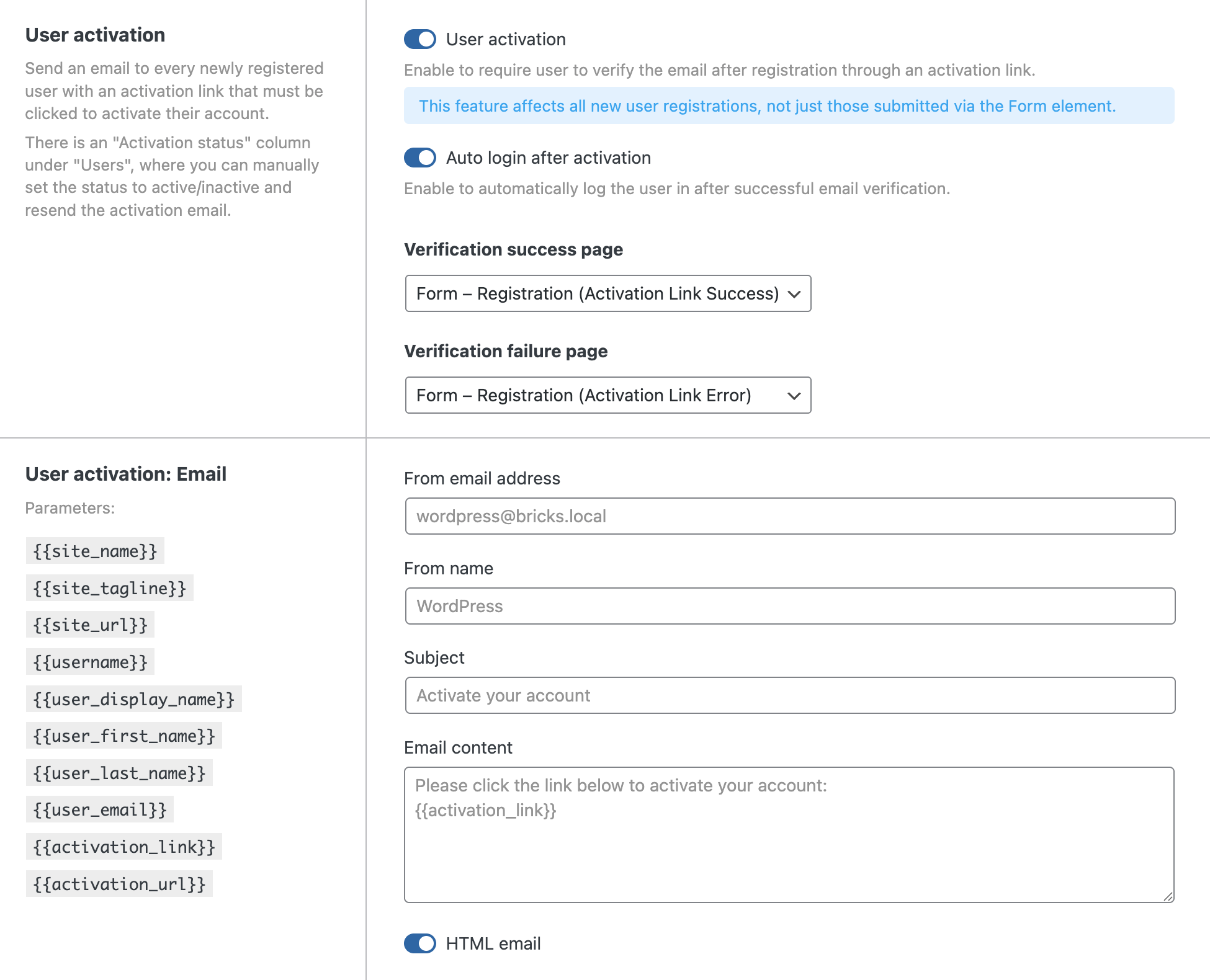 تنظیمات User activation