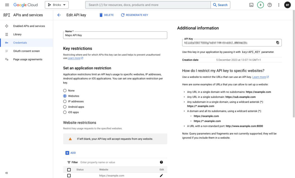 ویرایش کلید API در Google Cloud Console