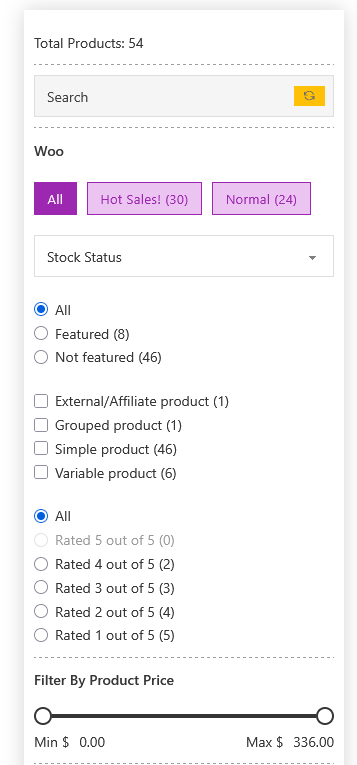 مثال frontend فیلترهای WooCommerce