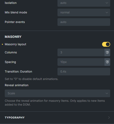 کنترلهای Masonry Layout