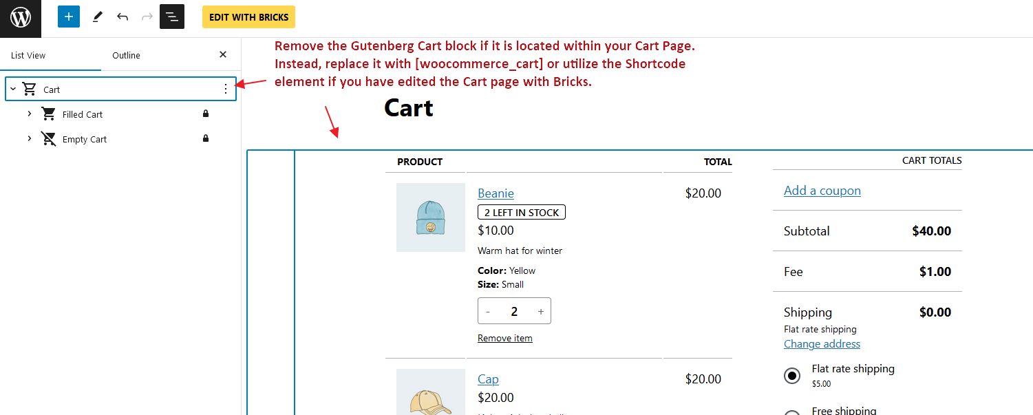 حذف بلوک‌های Gutenberg Cart