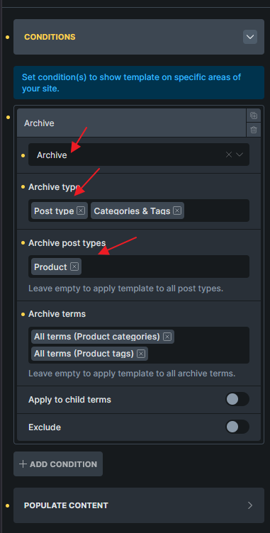 شرط Product Archive برای صفحه Shop