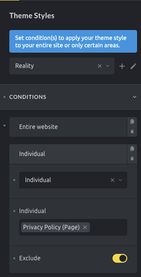 Exclude condition — همه جا جز Privacy Policy